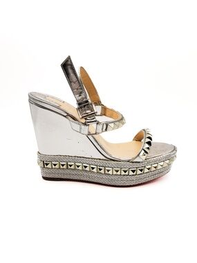 Christian Louboutin Metallic Silver Studded Espadrille Platform Sandals EU 38